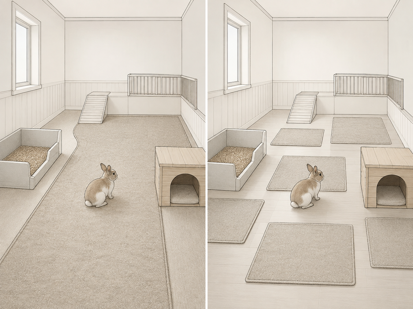A side-by-side comparison of two indoor rabbit room layouts: one uses one large continuous rug through the main living area, and the other uses several small separated mats that break the route into islands.