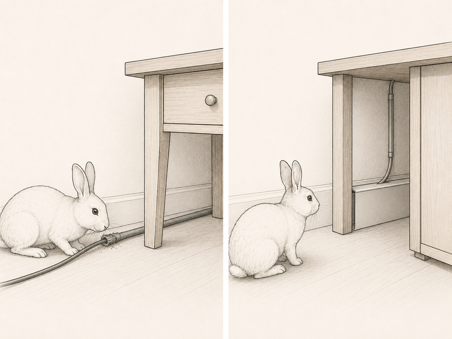 Comparison between a reachable cord with a protective cover and a cord routed out of a rabbit's reach.