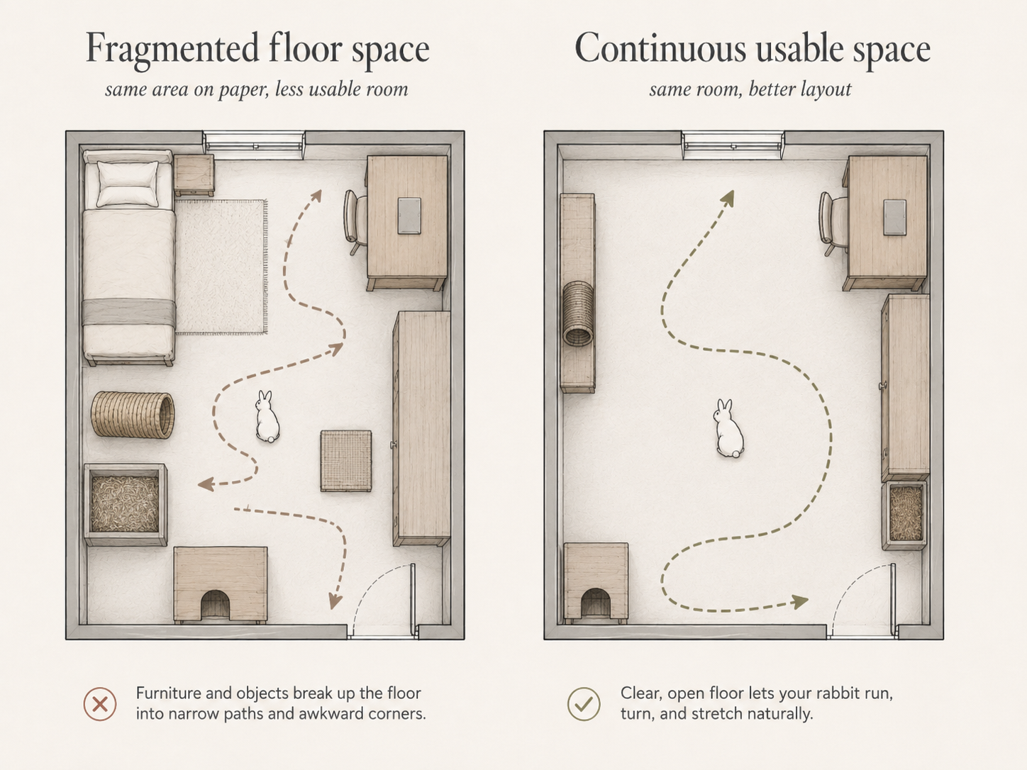 Two similarly sized indoor rabbit rooms compared from above: one fragmented by furniture into narrow paths, and one arranged around the edges to leave a continuous open movement area.