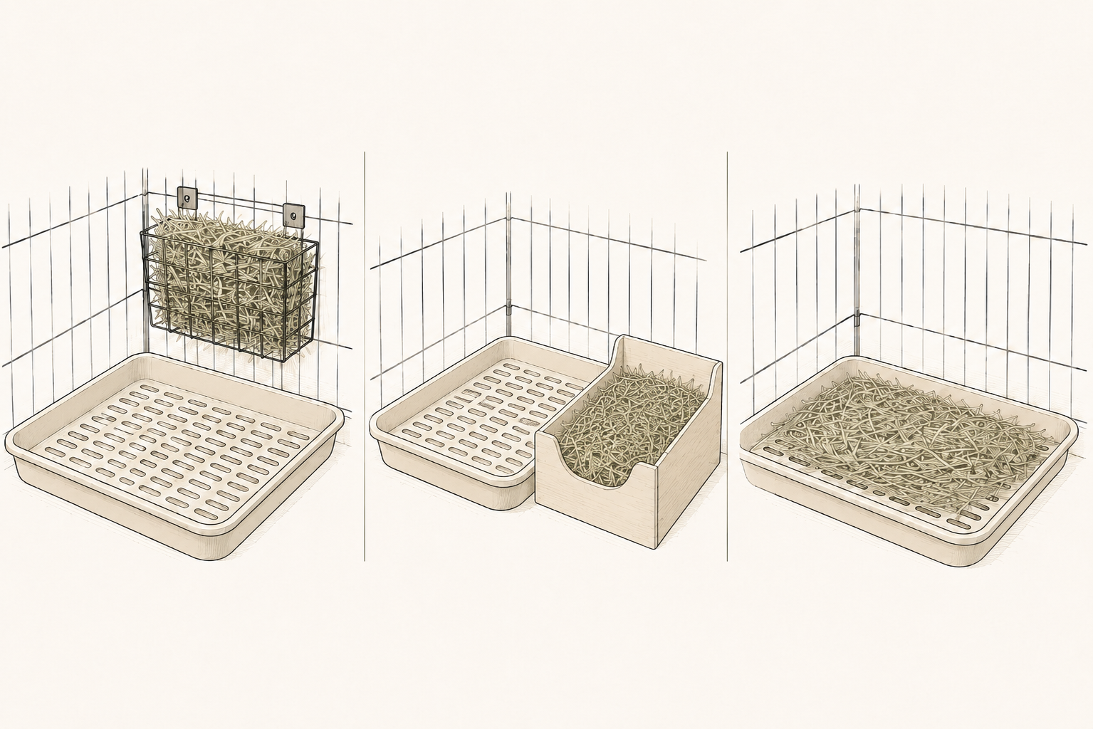 Three indoor rabbit litter and hay arrangements: hay held at the side of a litter area, a low hay box placed directly beside the litter box, and loose dry hay spread over the litter area.