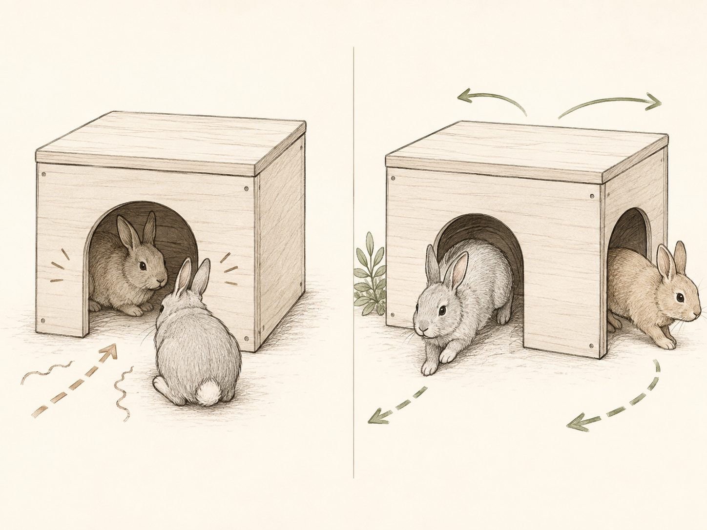 Two simplified rabbit hideouts compared side by side: one has a single narrow exit shared by two rabbits, while the other has openings on more than one side to provide separate movement routes.