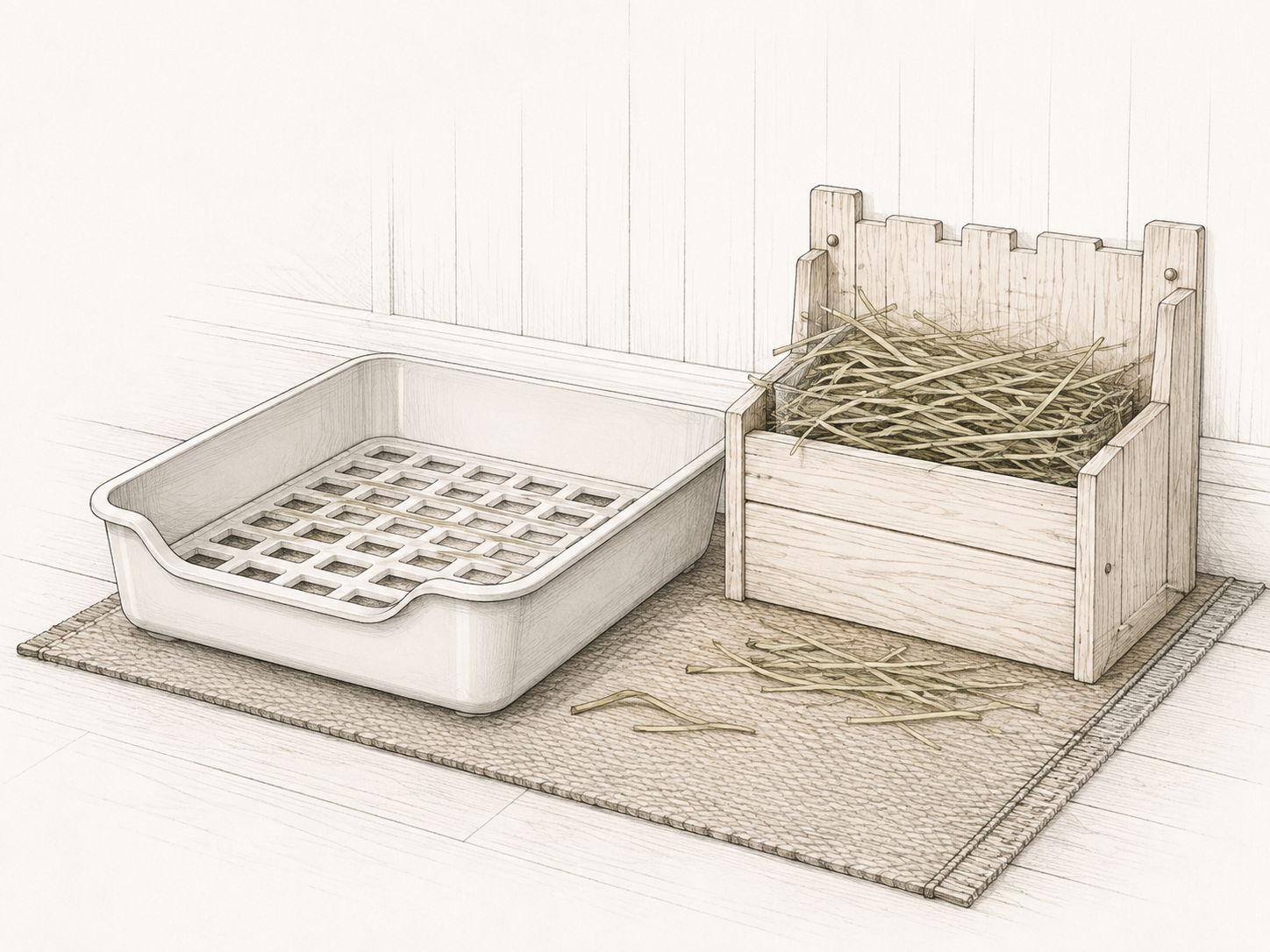 Indoor rabbit litter and hay setup illustration